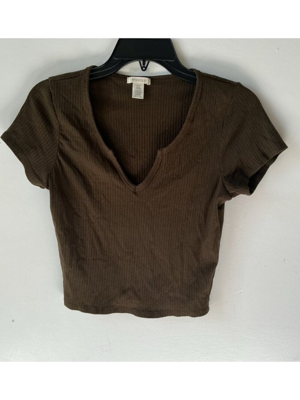 Dark Brown Ribbed V-Neck Top - Picture 1 of 2